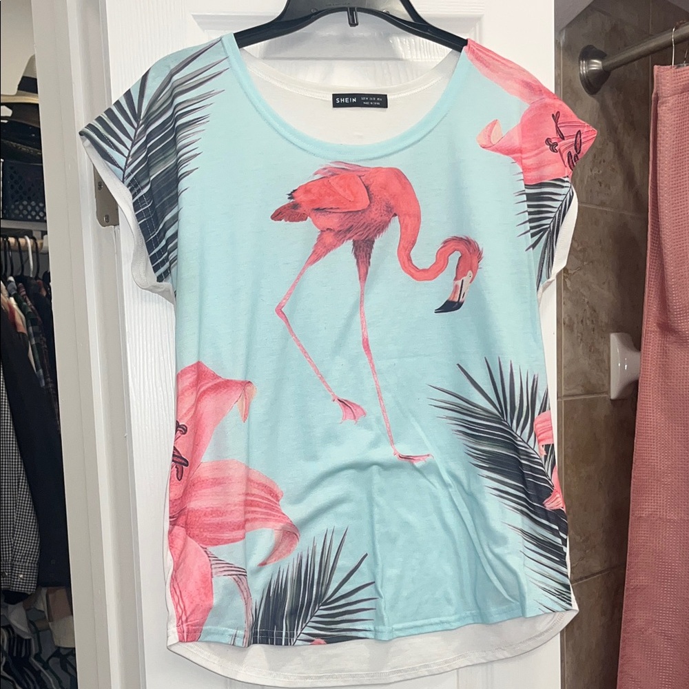 SHEIN Aqua Short Sleeve Top with Pink Flamingo Print
